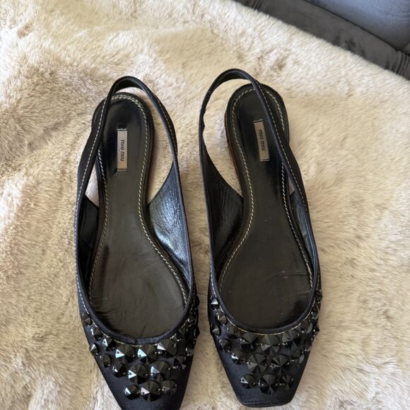 Miu Miu Ballet Satin Sling Back Flats With Crystals - Picture 6 of 6